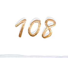 Gold Number 108 with Snow on white background