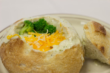 Broccoli and Cheese Soup in Bread Bowl