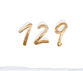 Gold Number 129 with Snow on white background