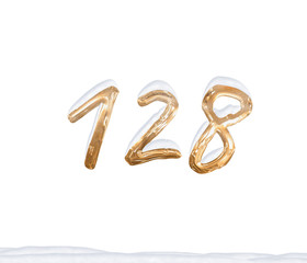 Gold Number 128 with Snow on white background