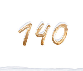 Gold Number 140 with Snow on white background