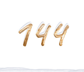 Gold Number 144 with Snow on white background