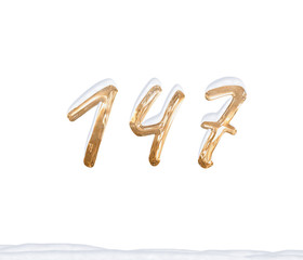 Gold Number 147 with Snow on white background