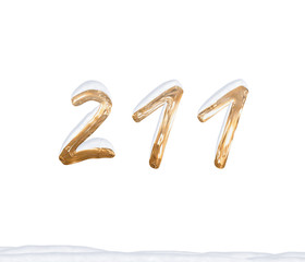 Gold Number 211 with Snow on white background