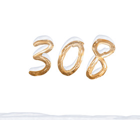 Gold Number 308 with Snow on white background