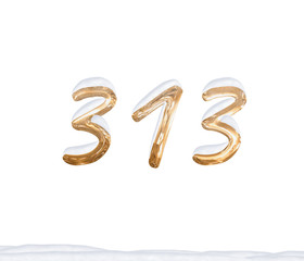 Gold Number 313 with Snow on white background