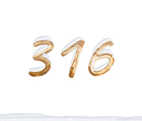 Gold Number 316 with Snow on white background