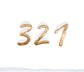 Gold Number 321 with Snow on white background