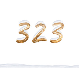 Gold Number 323 with Snow on white background