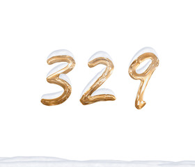 Gold Number 329 with Snow on white background