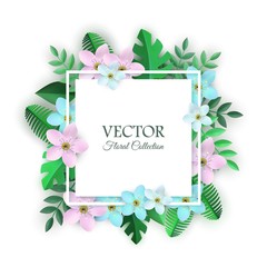 Vector spring collection poster with white frame blue pink white flowers with leaves pattern. Beautiful abstract blooming floral for romantic decoration wedding marriage or dating card vintage design