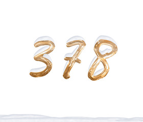 Gold Number 378 with Snow on white background
