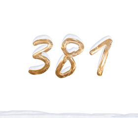 Gold Number 381 with Snow on white background