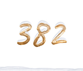 Gold Number 382 with Snow on white background