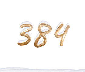 Gold Number 384 with Snow on white background