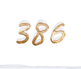 Gold Number 386 with Snow on white background