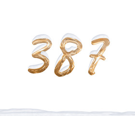 Gold Number 387 with Snow on white background