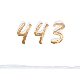 Gold Number 443 with Snow on white background