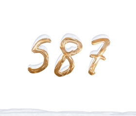 Gold Number 587 with Snow on white background