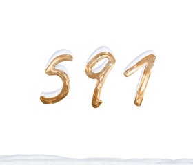 Gold Number 591 with Snow on white background