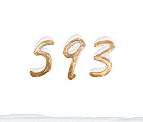 Gold Number 593 with Snow on white background
