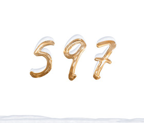 Gold Number 597 with Snow on white background