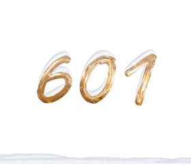 Gold Number 601 with Snow on white background