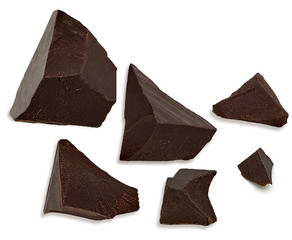 Dark Chocolate Bar, tablets with pieces isolated on white background	