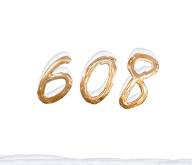 Gold Number 608 with Snow on white background