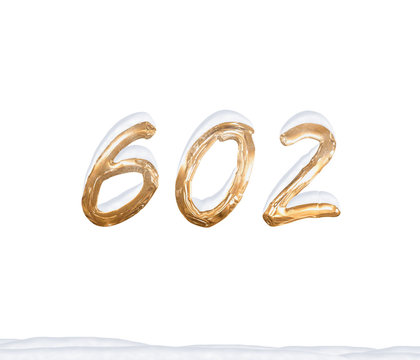 Gold Number 602 with Snow on white background
