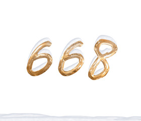 Gold Number 668 with Snow on white background