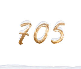 Gold Number 705 with Snow on white background