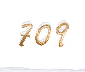 Gold Number 709 with Snow on white background