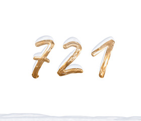 Gold Number 721 with Snow on white background