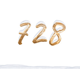 Gold Number 728 with Snow on white background