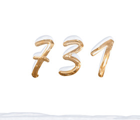 Gold Number 731 with Snow on white background