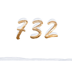 Gold Number 732 with Snow on white background