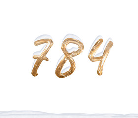 Gold Number 784 with Snow on white background