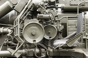 Old military equipment. Fragment of the old Soviet cannon. Russian military equipment. Control...