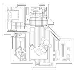 Architecture plan with furniture in top view. Coloring book