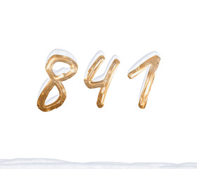 Gold Number 841 with Snow on white background