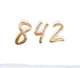 Gold Number 842 with Snow on white background