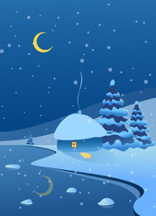 Winter. Landscape with stylized Christmas trees, a house, a moon in the sky, snowdrifts and a river with ice. Vector image.