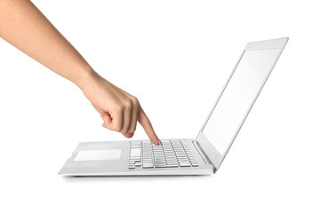 Woman using laptop on white background