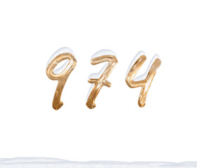 Gold Number 974 with Snow on white background