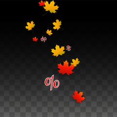 Vector Percentage Sign and Autumn Leaves Confetti on Transparent Background. Percent Sale Background. Business, Economics, Finance Print. Discount Illustration. Promotion poster. Black Friday Banner. 