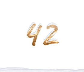 Gold Number 42 with Snow on white background