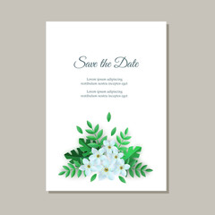 Vector save the date poster with white flowers with leaves pattern on white paper. Beautiful abstract blooming floral for romantic decoration wedding marriage or dating card vintage design