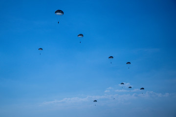 Naklejka na ściany i meble Jump of paratrooper with white parachute, Military parachute jumper in the sky.