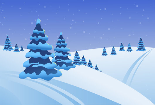 Winter. Landscape with stylized Christmas trees and snow drifts. Vector image.